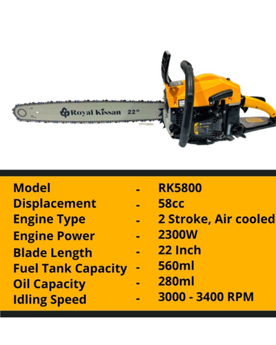 ROYAL KISSAN RK5800 ULTRA PREMIUM 22 INCH CHAIN SAW 2-STROKE 58CC