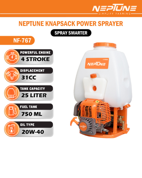Neptune Model-767 4-Stroke Knapsack Power Sprayer | 31CC Petrol Engine | 25-Litre Tank Capacity -