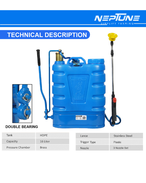 Neptune Hariyali-12 High-Pressure Knapsack Hand Operated Sprayer - HDPE Tank 16 L Capacity