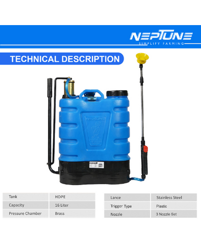 Neptune Hariyali-08 High-Pressure Knapsack Hand Operated Sprayer HDPE Tank 16 L Capacity
