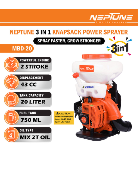 Neptune MBD-20 2 in 1 Knapsack Mist Blower, Powder Duster and Sprayer | 2-Stroke 31cc Petrol Engine | 20-Litre Tank Capacity