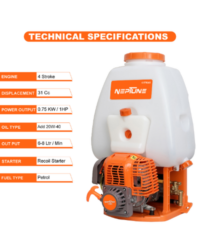 Neptune Model-767 4-Stroke Knapsack Power Sprayer | 31CC Petrol Engine | 25-Litre Tank Capacity -
