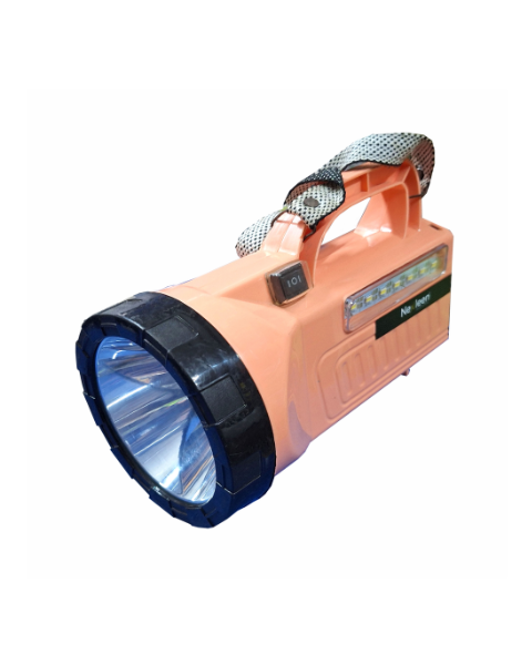 A peach-colored rechargeable LED flashlight torch with a built-in side light panel and carrying strap, isolated on white.