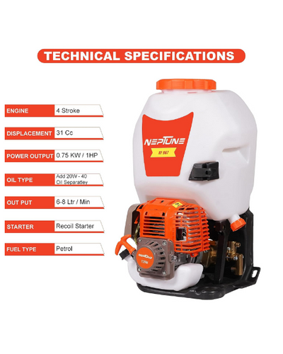 Neptune Model-967 4-Stroke Knapsack Power Sprayer | 31CC Petrol Engine | 25-Litre Tank Capacity | Includes 2 Types Spray Guns - Sprayers -