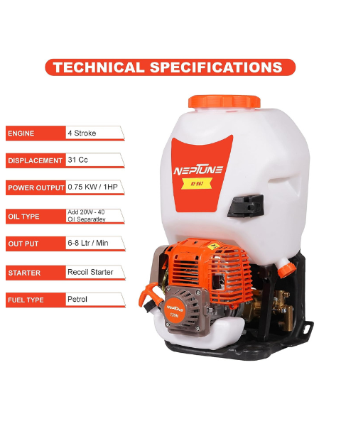 Neptune Model-967 4-Stroke Knapsack Power Sprayer | 31CC Petrol Engine | 25-Litre Tank Capacity | Includes 2 Types Spray Guns - Sprayers -