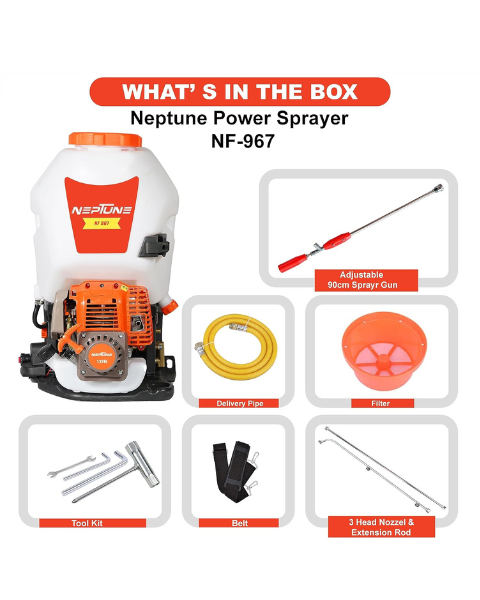 Neptune Model-967 4-Stroke Knapsack Power Sprayer | 31CC Petrol Engine | 25-Litre Tank Capacity | Includes 2 Types Spray Guns - Sprayers -