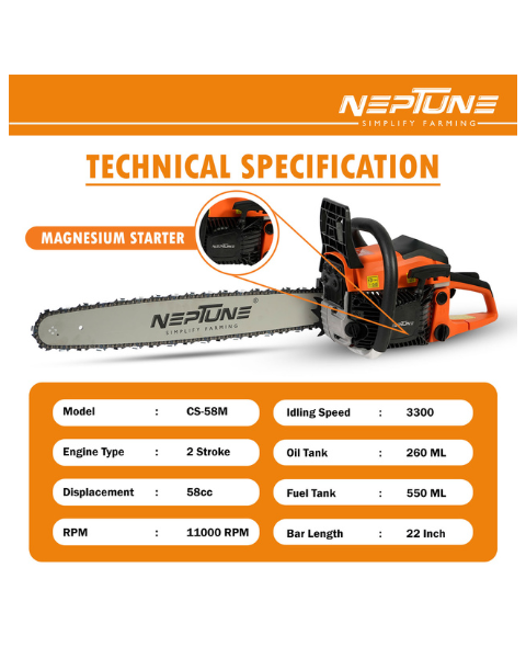Neptune CS-58M Heavy Duty 58CC Powerful Magnesium Body 2 Stroke Petrol Chain Saw with 22inch Blade - Chainsaw