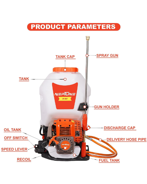 Neptune Model-967 4-Stroke Knapsack Power Sprayer | 31CC Petrol Engine | 25-Litre Tank Capacity | Includes 2 Types Spray Guns - Sprayers -
