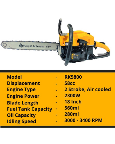 ROYAL KISSAN RK5800 ULTRA PREMIUM 18 INCH CHAIN SAW- 2-STROKE 58CC