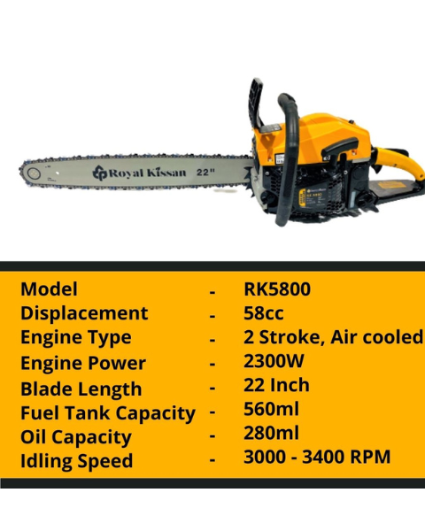 ROYAL KISSAN RK5800 ULTRA PREMIUM 22 INCH CHAIN SAW 2-STROKE 58CC